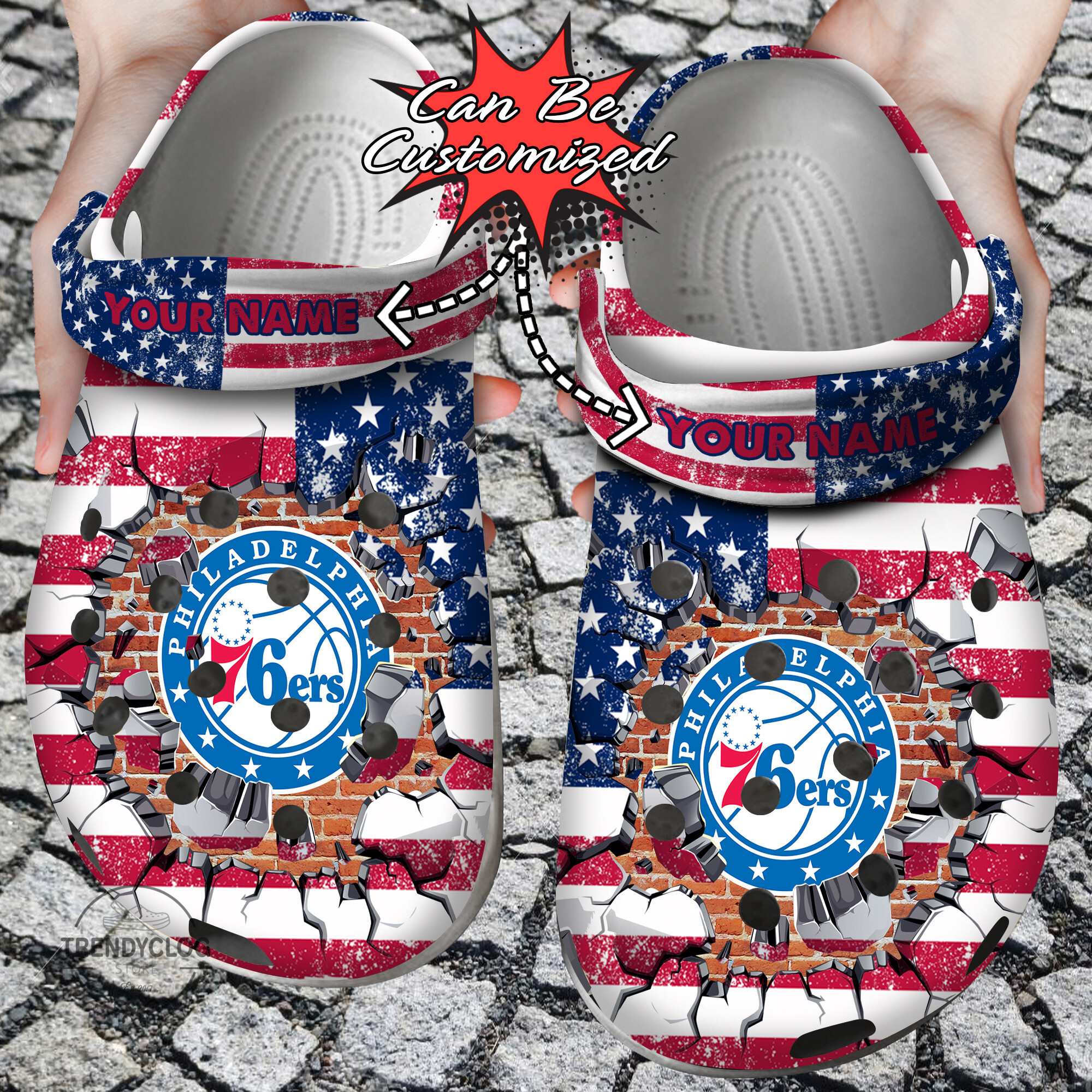 Basketball Crocss – Personalized P.76Ers American Flag Breaking Wall Clog Shoes For Men Women Kids