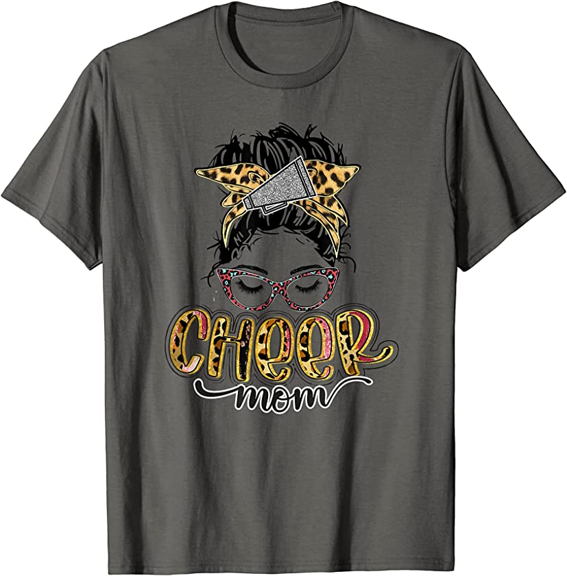 Cheer Mom Leopard Messy Bun Cheerleader Funny Mothers Day T-Shirt