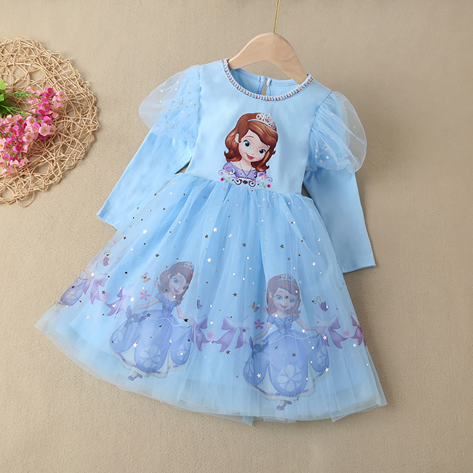 2021 New Girls Frozen Elsa Princess Dress Cartoon Print Puff Sleeve Clothing for Kids Snow White Sofia Dresses for Birthday Gift alx