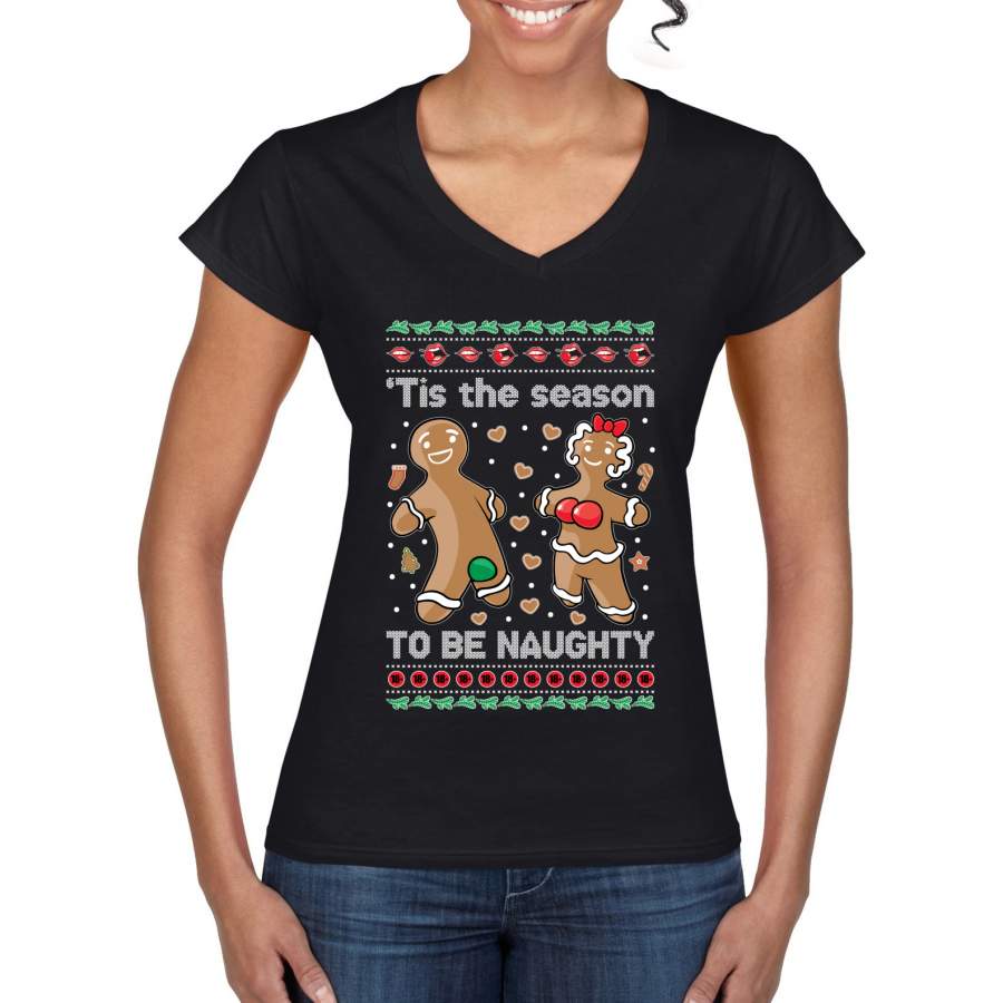 Tis Season to get Naughty Xmas Ugly Christmas Sweater Christmas Women’s Standard V-Neck Tee