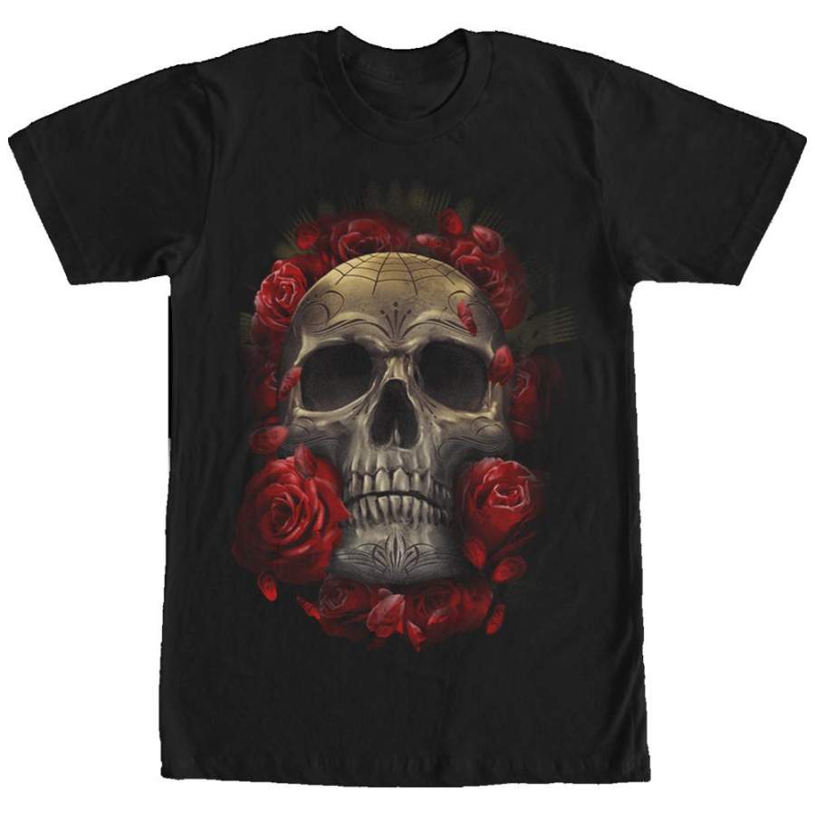 Aztlan Men’s Carved Skull and Roses  T Shirt Black S