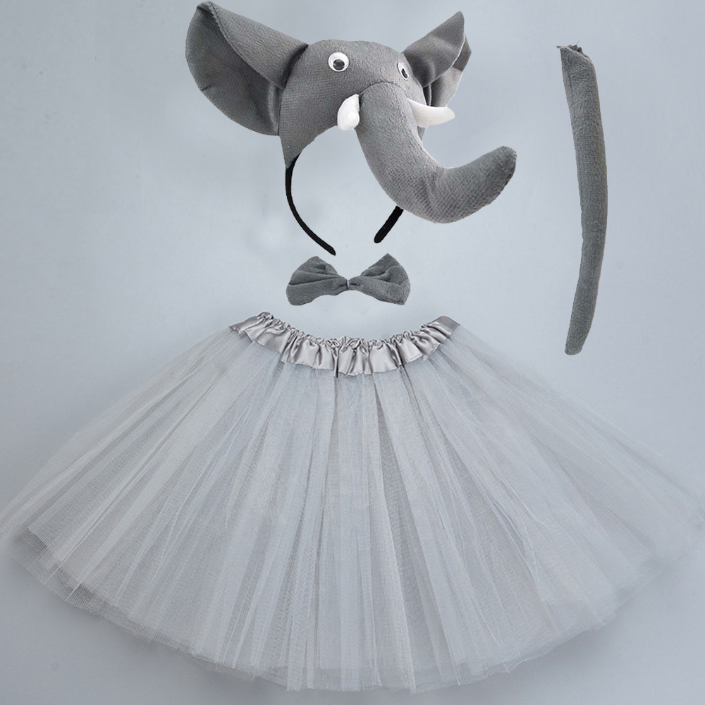 Women Teens Kids Elephant Costume Set Tutu Skirt Ears Bow Tie Tail Props Cosplay Halloween Christmas alx