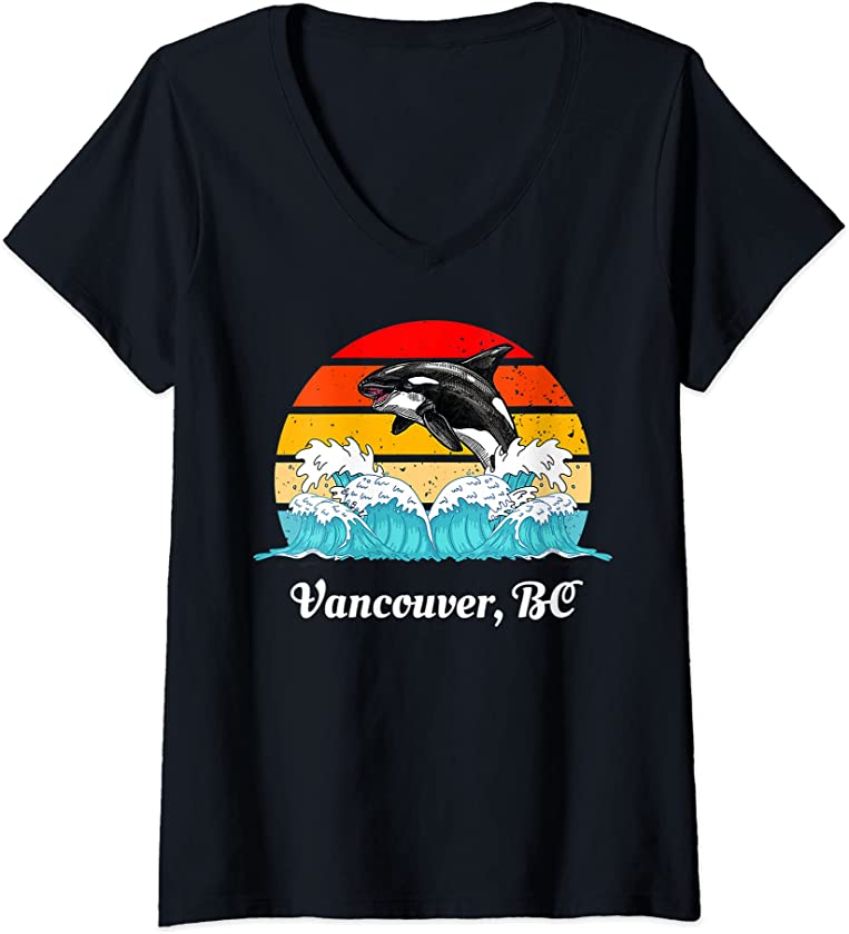 Womens Vintage Vancouver BC Distressed Orca Killer Whale Art V-Neck T-Shirt