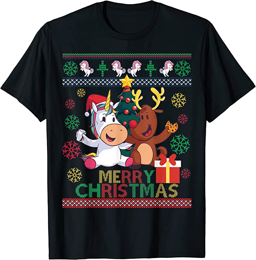 Ugly Christmas Unicorn and Deer Gift T-Shirt