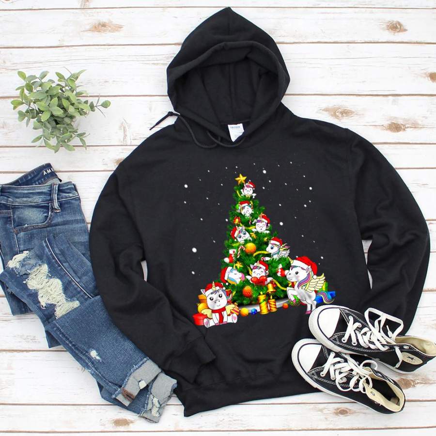 Cute unicorn christmas tree merry christmas funny gift candy cane ornament black hoodie for men and women S-5XL