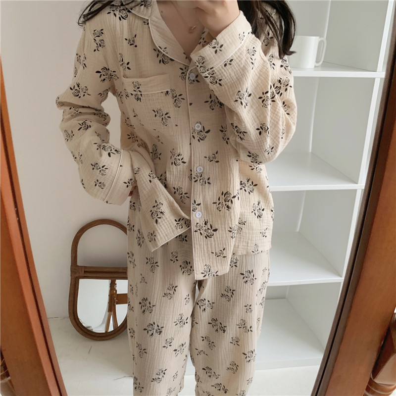 vintage apricot rose flowers pajamas set spring autumn soft cotton home clothes long sleeve top pants sleepwear home set Y146 alx