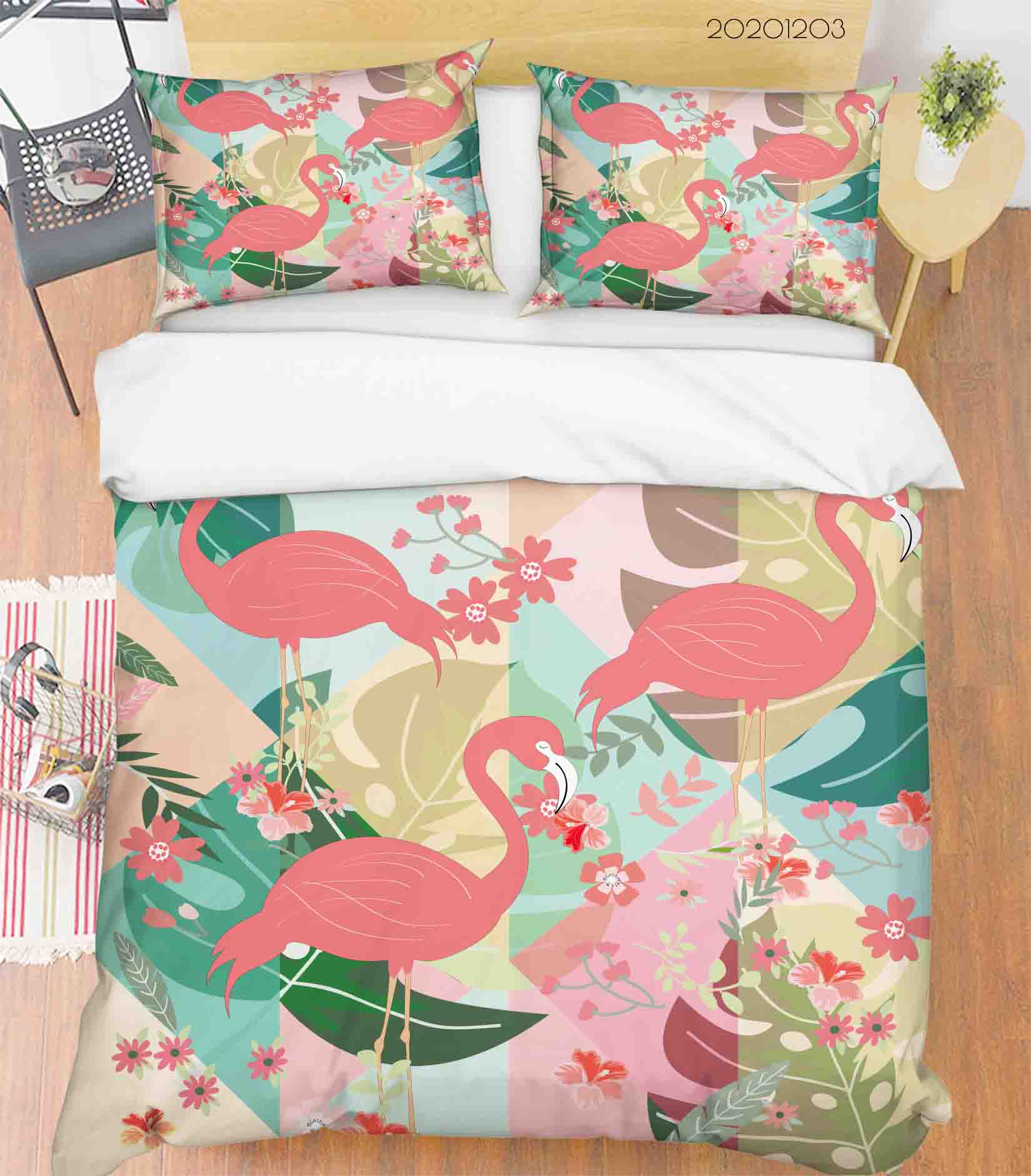 3D Hand Drawn Colorful Floral Plant Pink Flamingo Animal Quilt Cover Set Bedding Set Duvet Cover Pillowcases Lxl