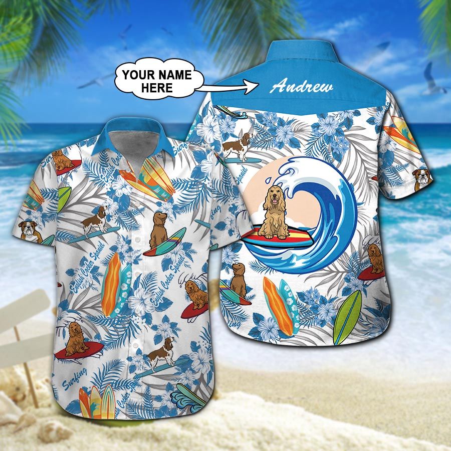 English Cocker Spaniel Surfing Custom Name Hawaiian Shirt 210 ND4685