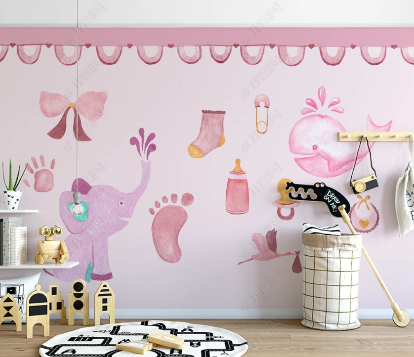 3D Cartoon Pink Animal Elephant Dolphin Wall Mural Wallpaper Lqh 129