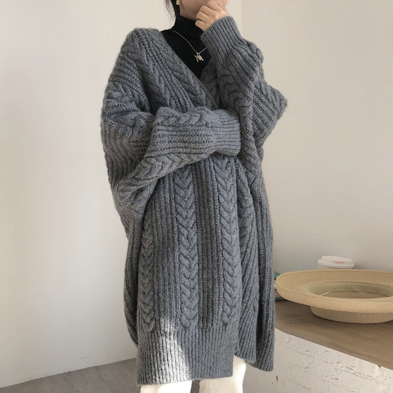 Twist Knitted Oversized Cardigan Woman Fall 2022 Gray Long-sleeve Thick Warm Knit Cardigan Long Woman Korean Winter Sweater alx