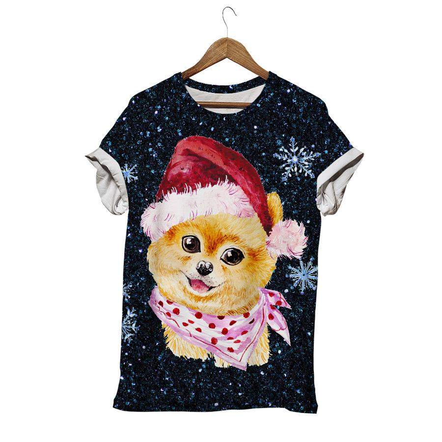 Pomeranian Puppy In Santa Hat Snow Christmas Dog T-shirt