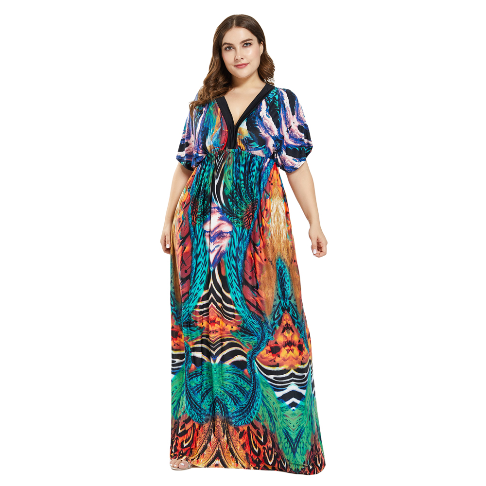 5XL 6XL 7XL Plus Size Summer Beach Dress Women V Neck Short Sleeve Floral Print Boho Dresses Sexy Maxi Long Dress Maxi Sundress alx