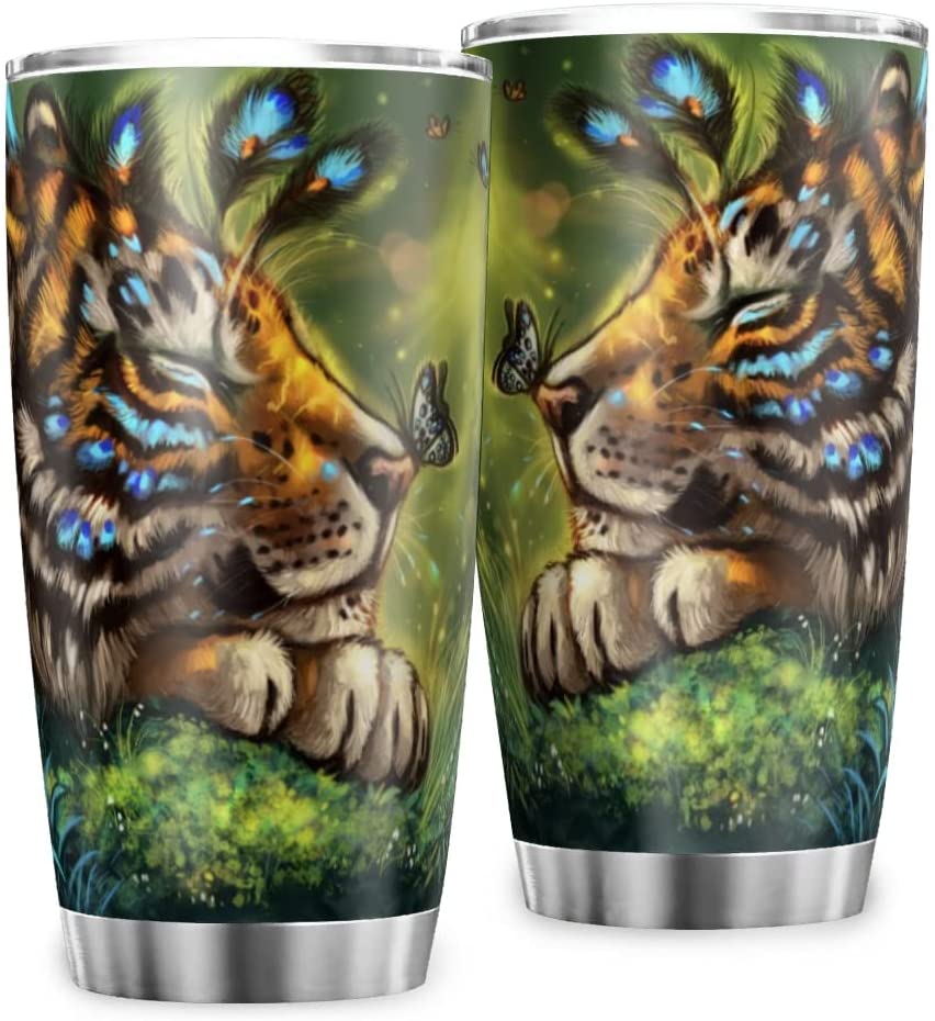 20 Oz Tumbler  Tiger Art Butterfly Tumbler With Flip Lid Stainless Steel Coffee Cups Double Wall Travel Mug For Coffee Tea Travel Mug For Home Coffee