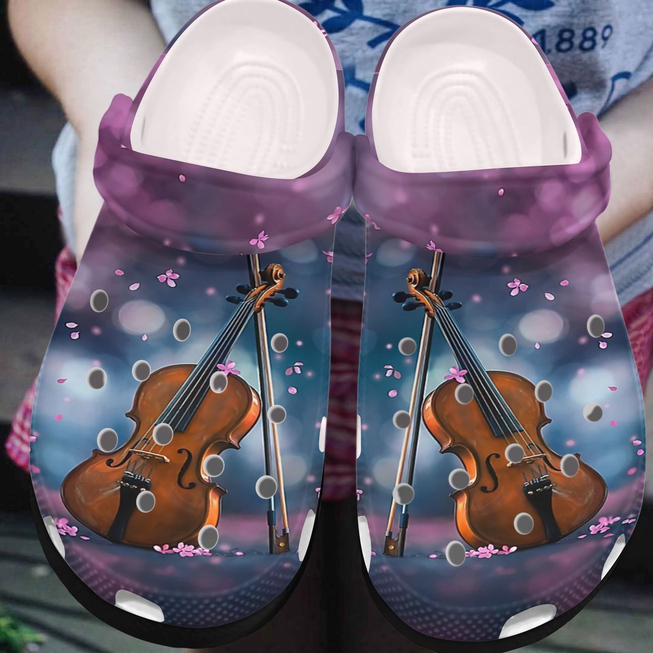 Violin Personalized Clog, Custom Name, Text, Color, Number Fashion Style For Women, Men, Kid, Print 3D Violin With Purple Flowers