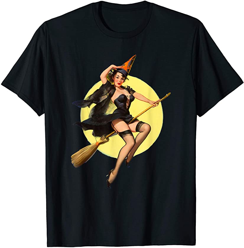 Vintage Pin up Witch Halloween Pinup Girl Funny Ilustration T-Shirt