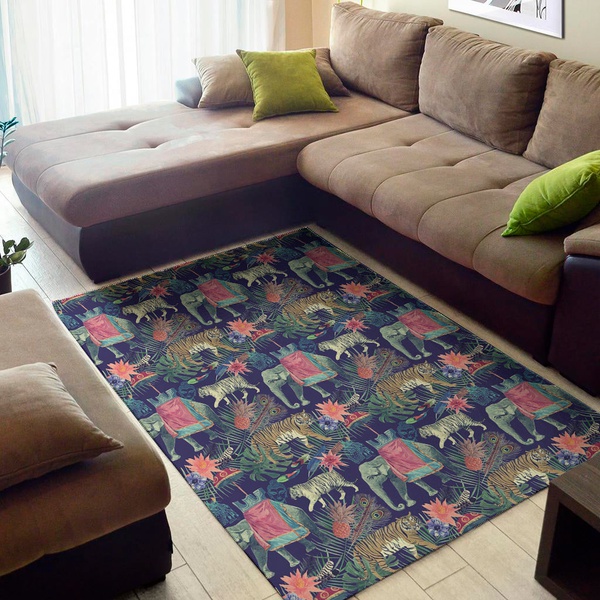 Asian Elephant And Tiger Print Area Rug