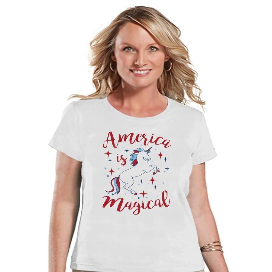 Women’s Unicorn Shirt – America is Magical – 4th of July Shirt – Unicorn T-shirt – Womens White T-shirt – Patriotic Unicorn – Gift for Her