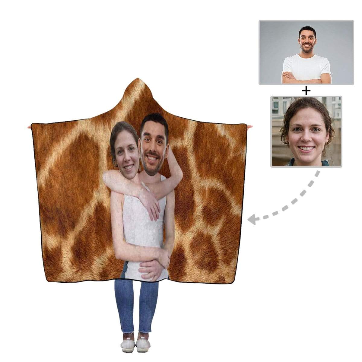 Custom Face Leopard Hug Flannel Hooded Blanket