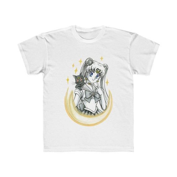 Sailor Moon And Luna Kids Short Sleeve Shirt Hand Drawn Print Shirt