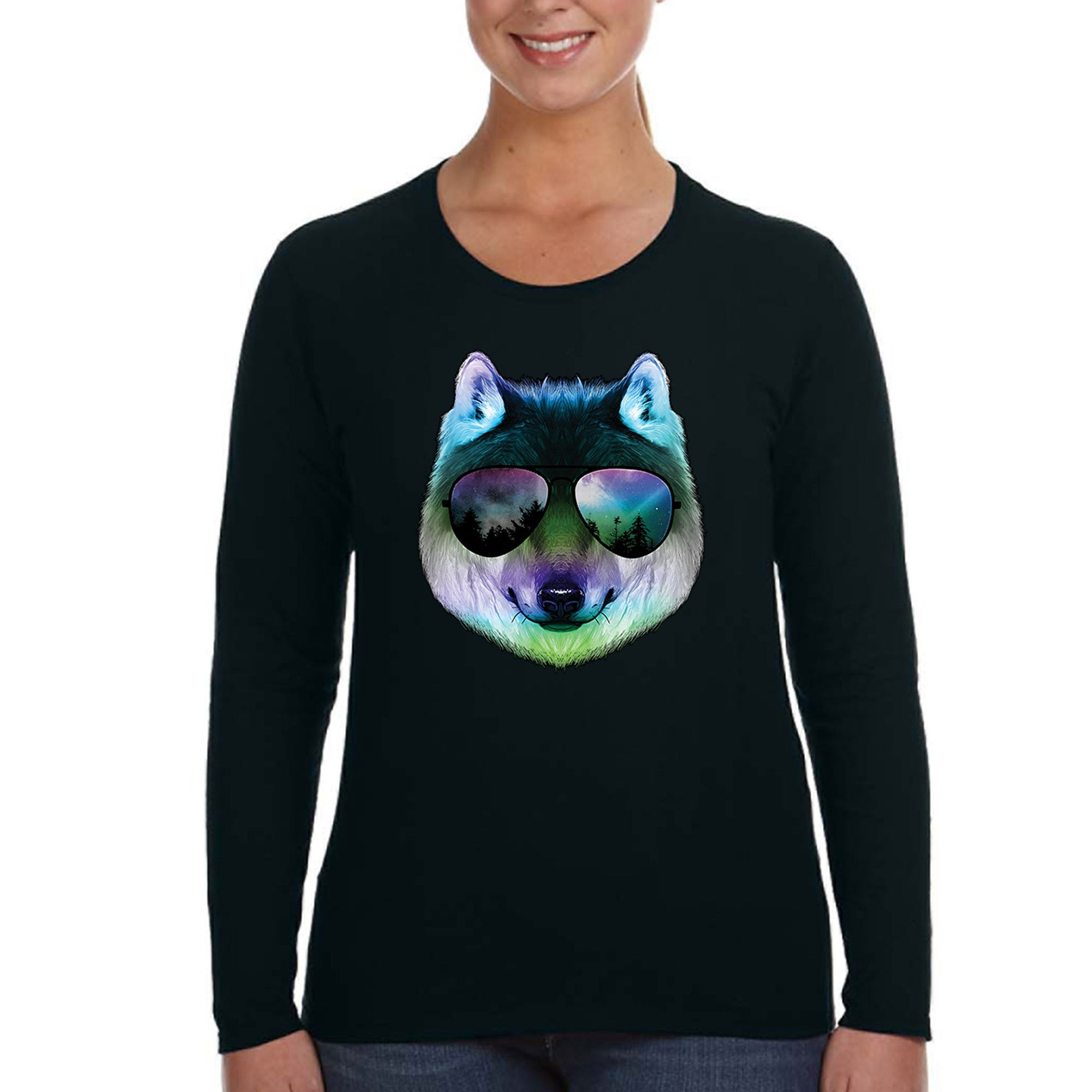 Xtrafly Apparel Women’S Night Wolf Cosmic Fox Animal Summer Long Sleeve T-Shirt