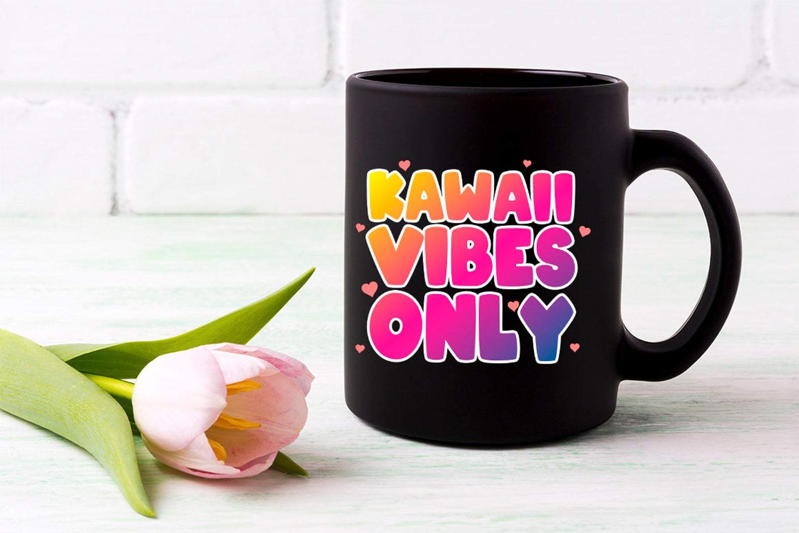 Cute – Kawaii Vibes Only Ceramic / Vibes Only Gift – Adorable Pastel Kittens Anime Mug Black Ceramic 11-15Oz Coffee Tea Cup