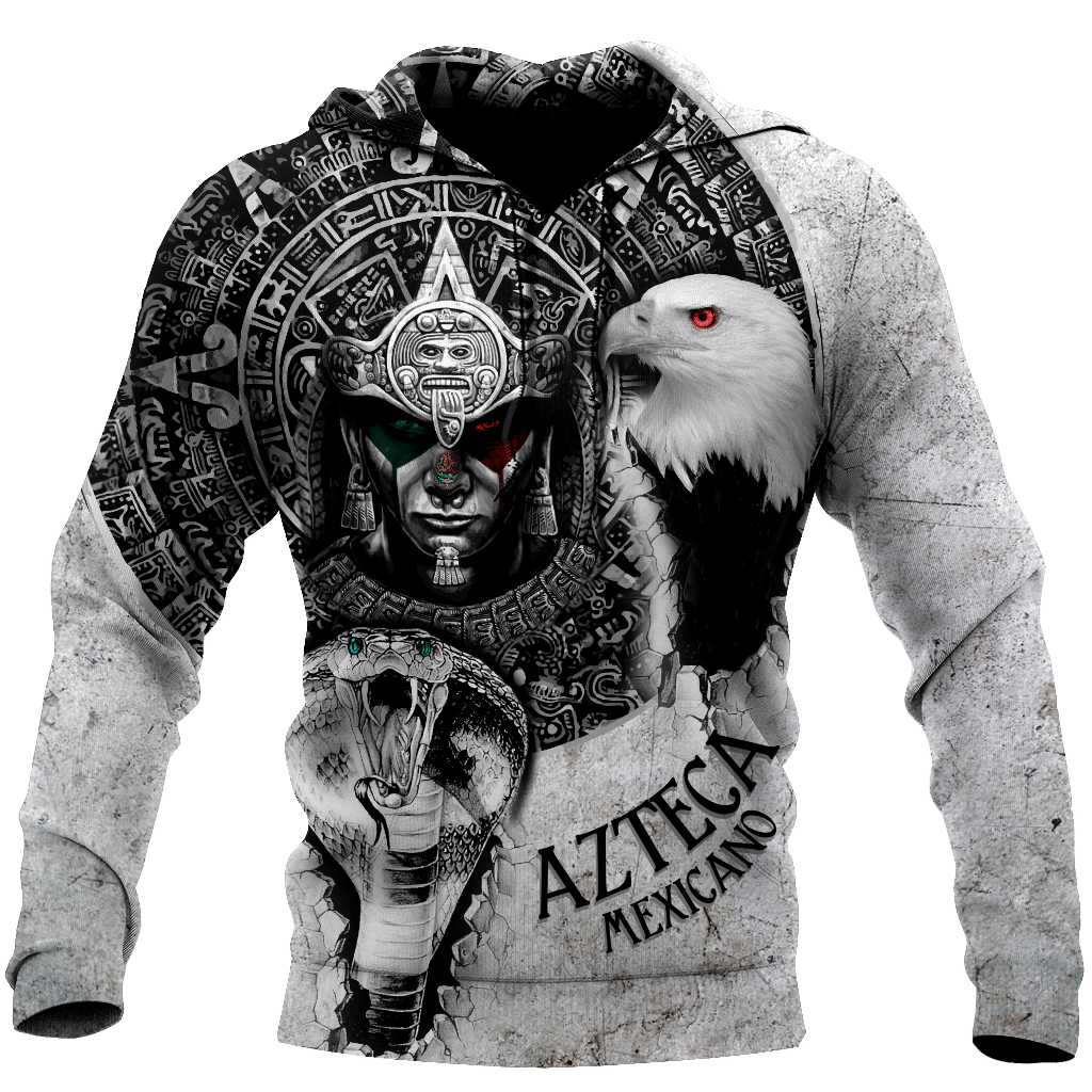 White Aztec Warrior Mix Mexican Eagle Snake Calendar On Sleeves And Chest Double Sided Unisex Aztec All Over Printed 3D All Over Printed Hoodie