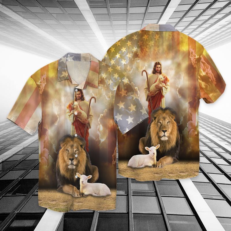 4Th Of July Independence Day Jesus God Lion For Men And Women Graphic Print Short Sleeve Hawaiian Casual Shirt