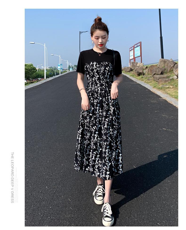 Women’s 2020 Summer Dress New Mid-Length Stitching Floral Dress High Waist Dress Summer Woman Dress Vestido De Mujer Femme Robe alx