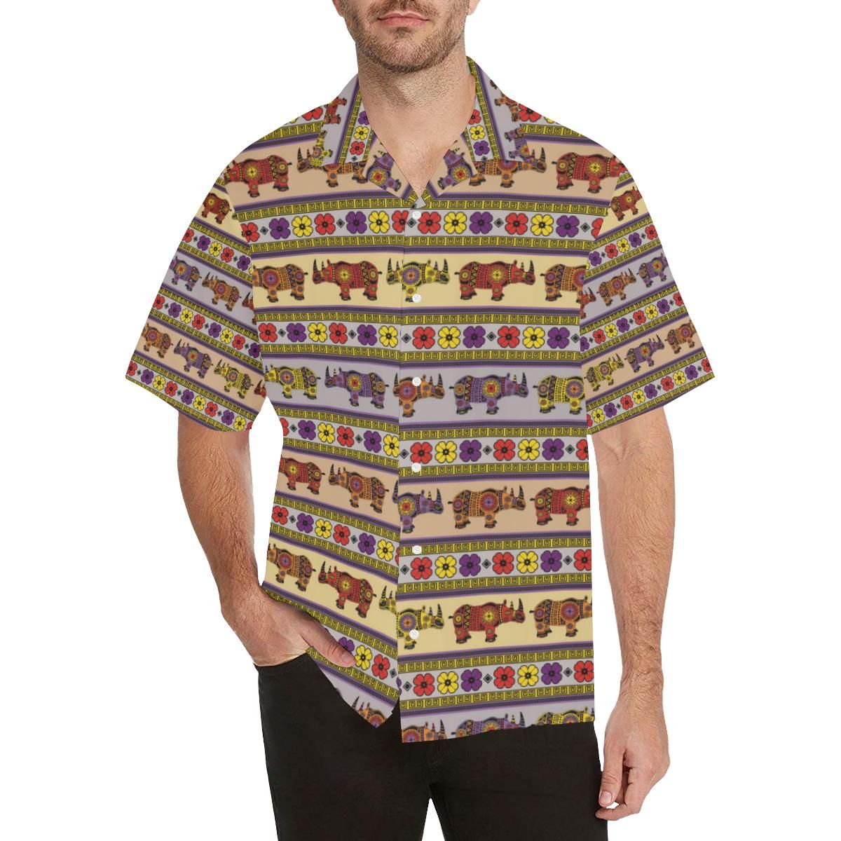 Rhino African Afro Dashiki Adinkra Kente Pattern Men’S All Over Print Hawaiian Aloha Shirts Aloha Shirts