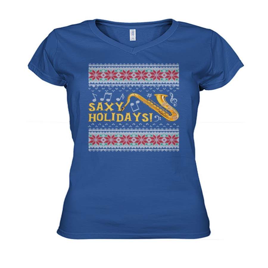 Saxy Holidays The Saxophone Lover Ugly Christmas Gift Ladies V-Neck