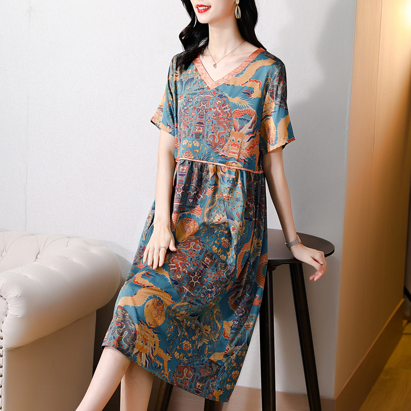 ZUOMAN Summer Print 5XL Plus Size Mulberry Silk Dress Women Elegant Bodycon Party Vestidos Boho Vintage Loose Midi Dresses alx