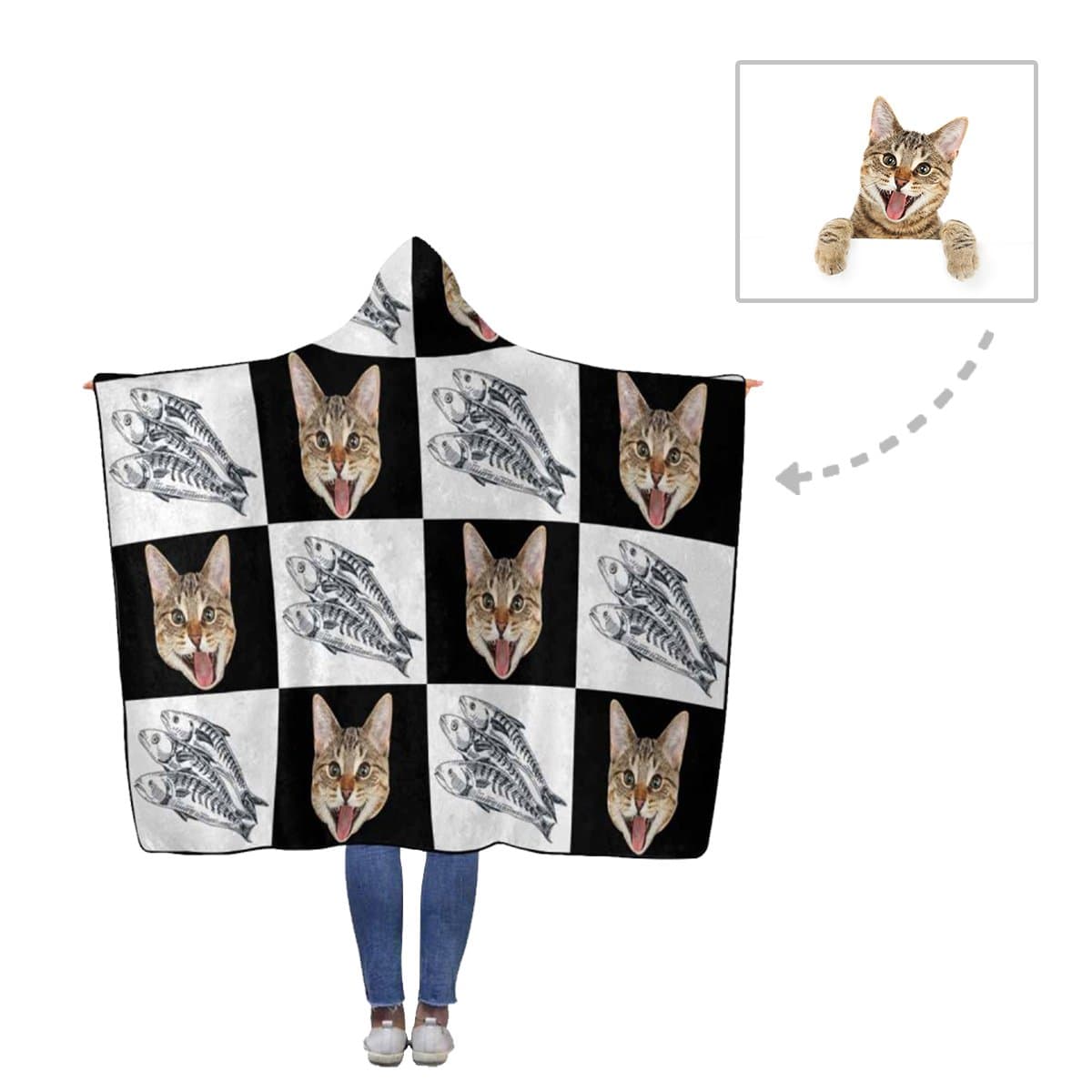 Custom Face Cat Fish Flannel Hooded Blanket