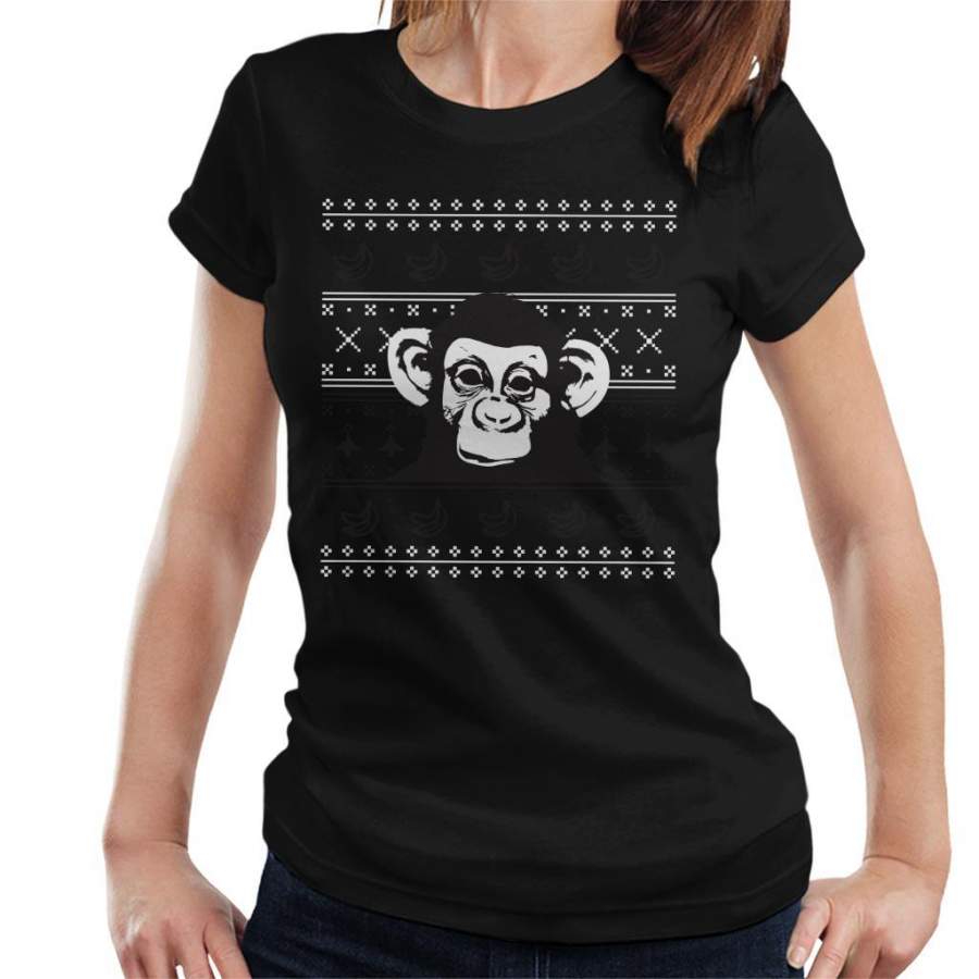 White Chimpanzee Monkey Banana Christmas Knit Women’s T-Shirt