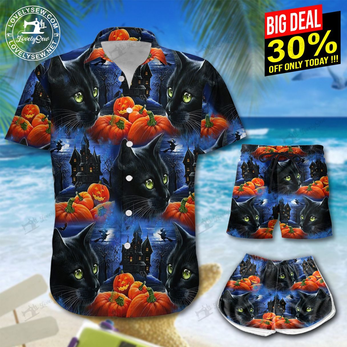 Black Cat Halloween Hawaiian Shirt Shorts Ha76330