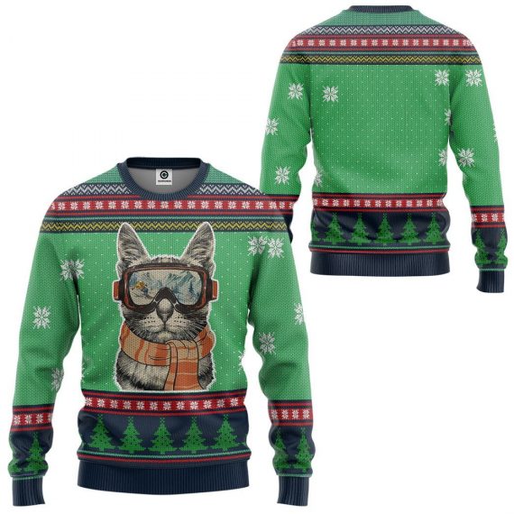 3D Custom Skiing Cat Ugly Christmas All Over Print Unisex Sweatshirt For Cat Lovers