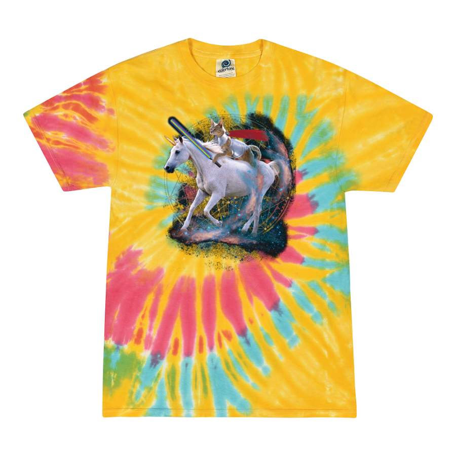 Trippy Psychedelic Cat Space Horse Lightsaber | Mens Fashion Graphic Tie-Dye T-Shirt