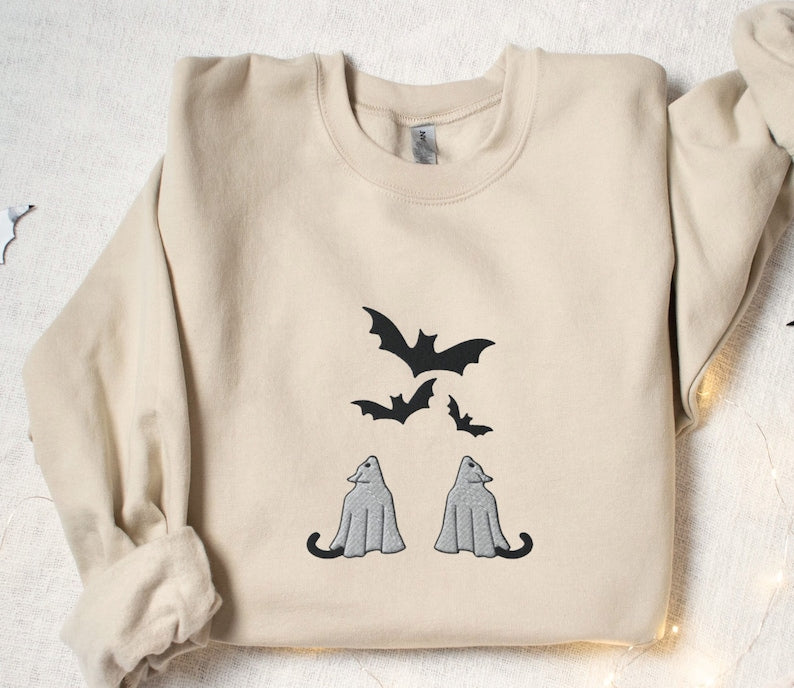 Embroidered Cute Black Cats In Ghost Halloween Crewneck Sweatshirt All Over Print Sweatshirt For Women Sweatshirt For Men Sws2596