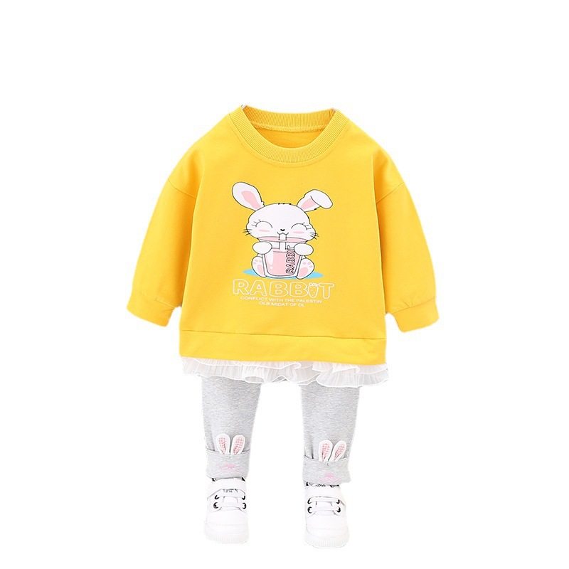 2021 Spring Children’s Suit Girl Cute Bunny Cartoon Print Lace Sweater Pants 2-pieces Sets alx