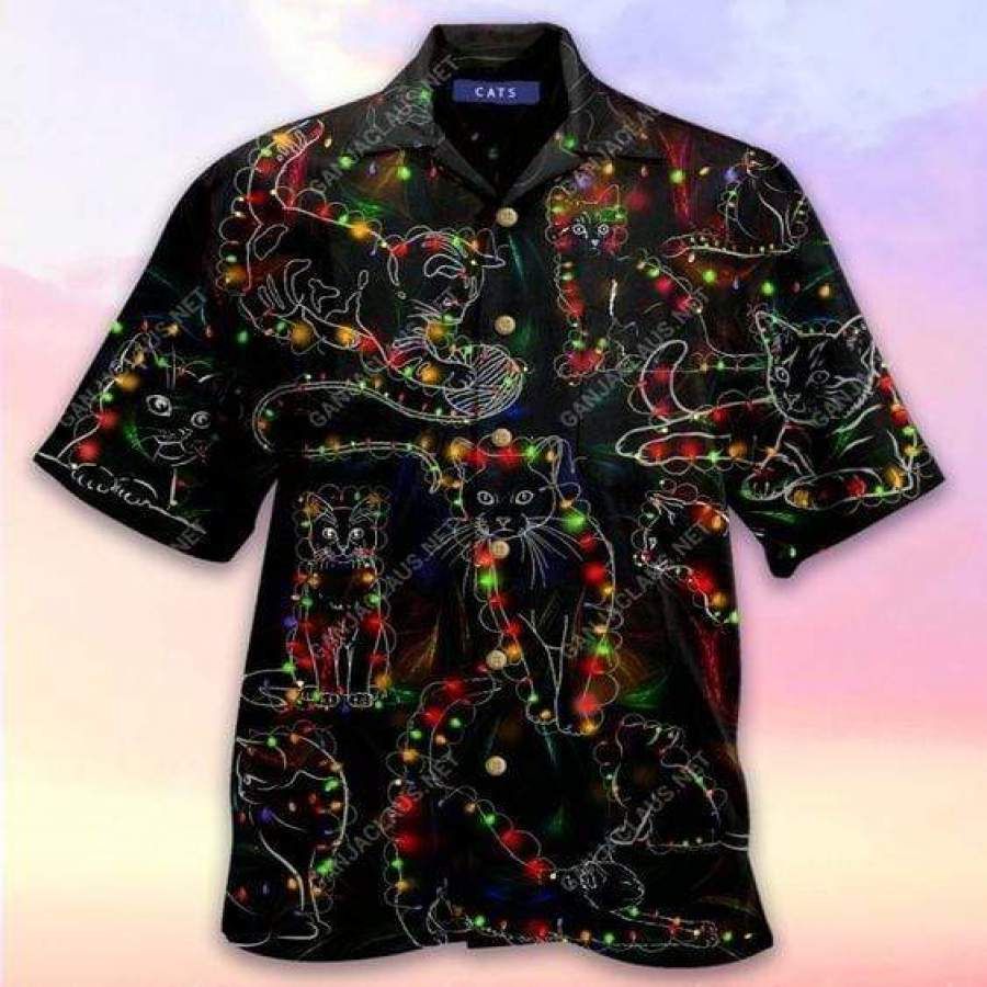 Hawaii Aloha Shirts Christmas Light Black Cat Ha94092