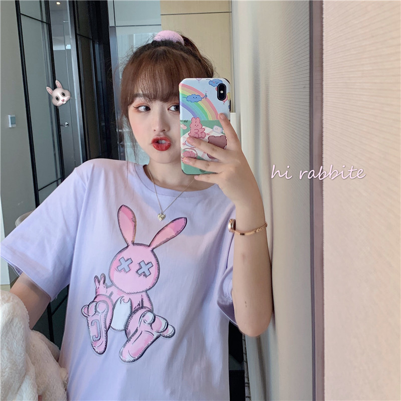 Women’s T-shirts Tops Japanese Kawaii Ladies Ulzzang Loose Cartoon Rabbit Print T-shirt Female Korean Harajuku Clothes For Women alx