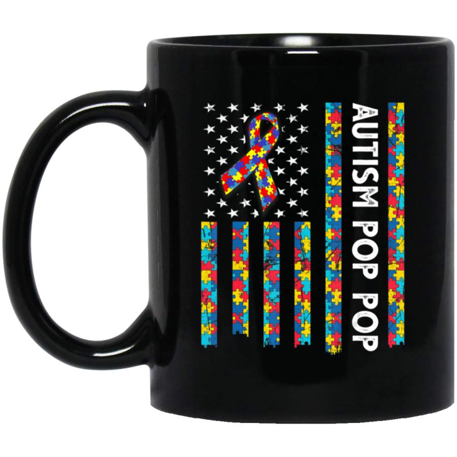 Autism Awareness Pop Pop American Flag Retro Vintage Gift 11oz 15oz Black Mug Idea 2nd April Puzzle Ribbon Support Autism Dad Mom Kids Autistic