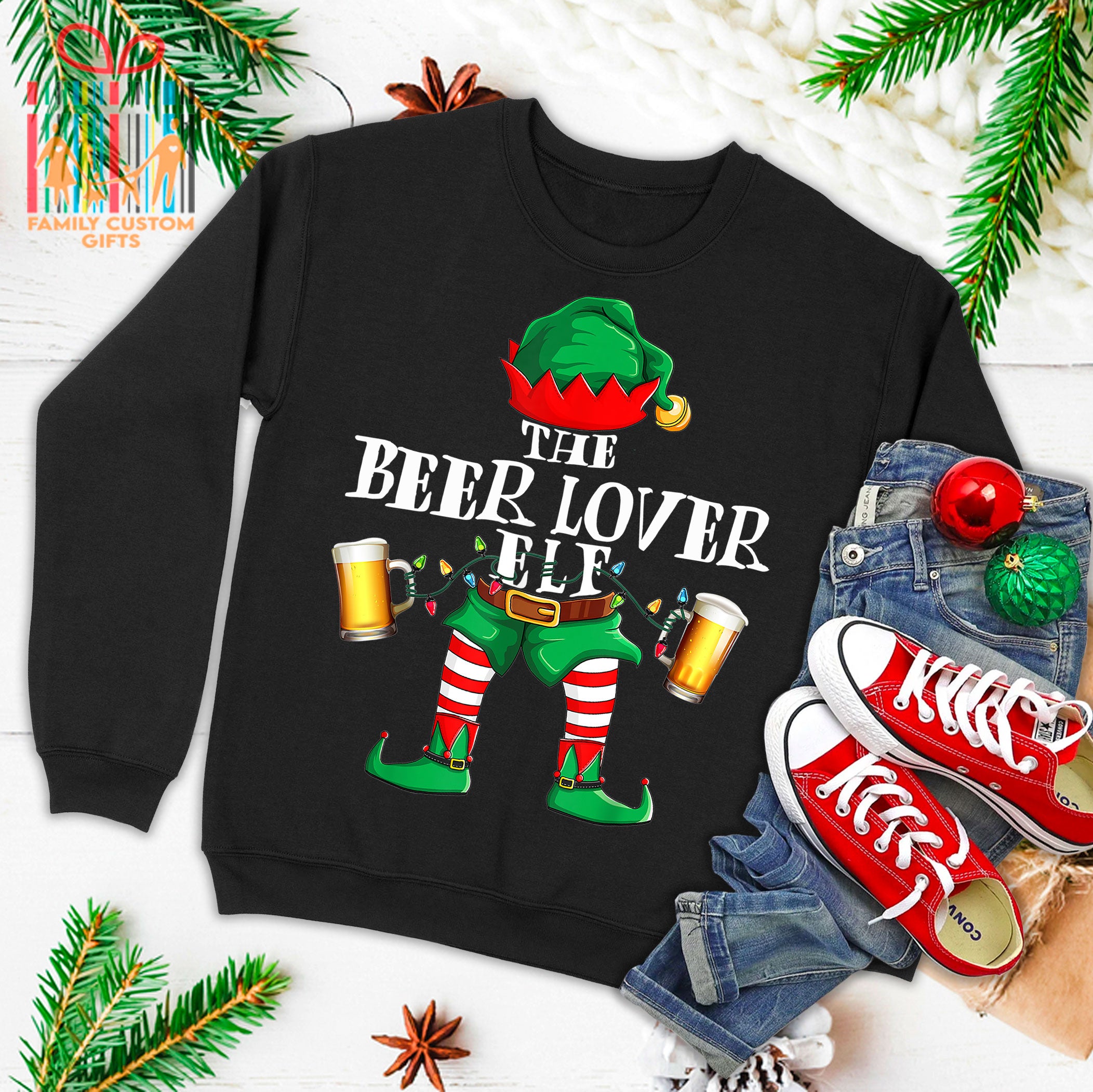 Beer Lover Elf Matching Christmas Family Group Gift Funny Ugly Christmas Sweater T-Shirt