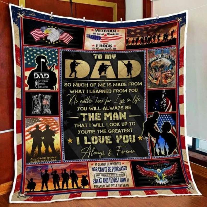 To My Dad Veteran Veteran And Dad I Rock Them Both Dad The Veteran The Myth The Legend Sherpa Fleece Quilt Blanket Personalized Home Decor