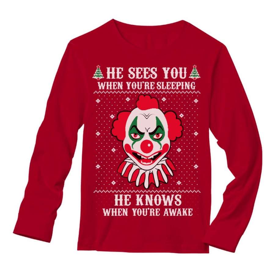 Ugly Christmas Evil Scary Killer Clown Joker Horror Movie Long Sleeve T-Shirt