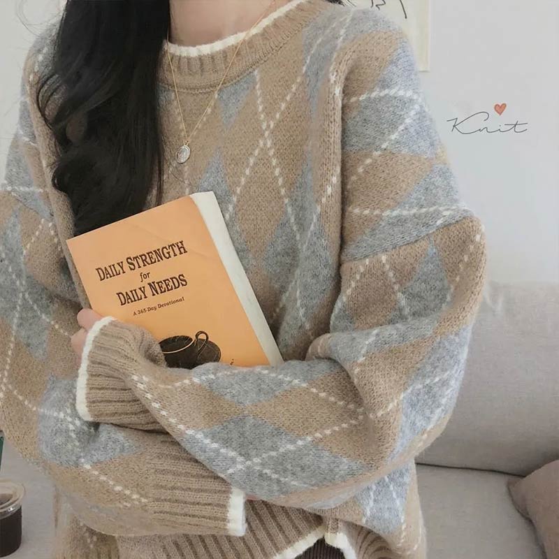 Women Knitted Sweater Fashion Oversized Pullovers Winter Argyle Loose Sweater Korean College Style Women Jumper Sueter Mujer alx