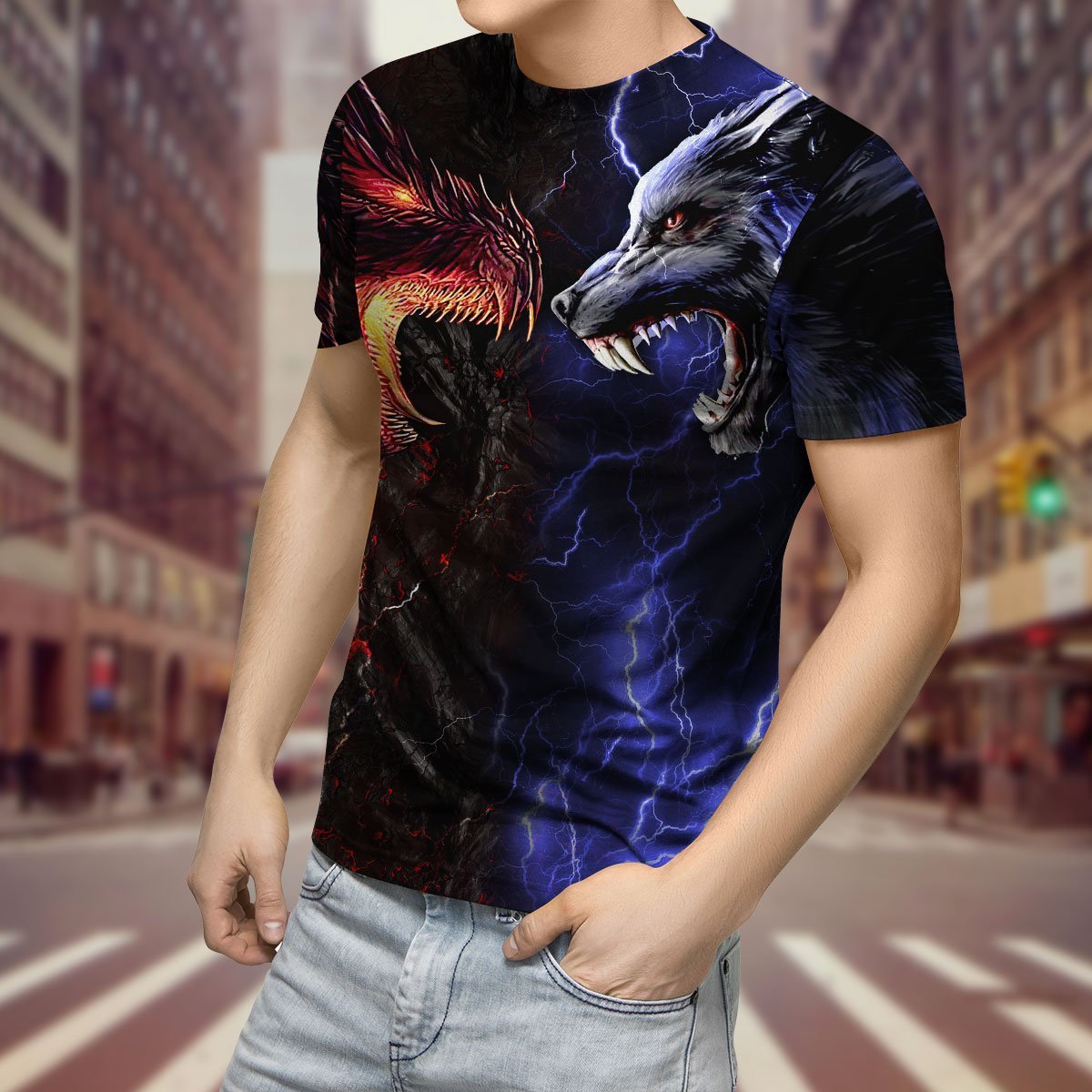 Red and blue dragon and wolf 3D shirt for men and women