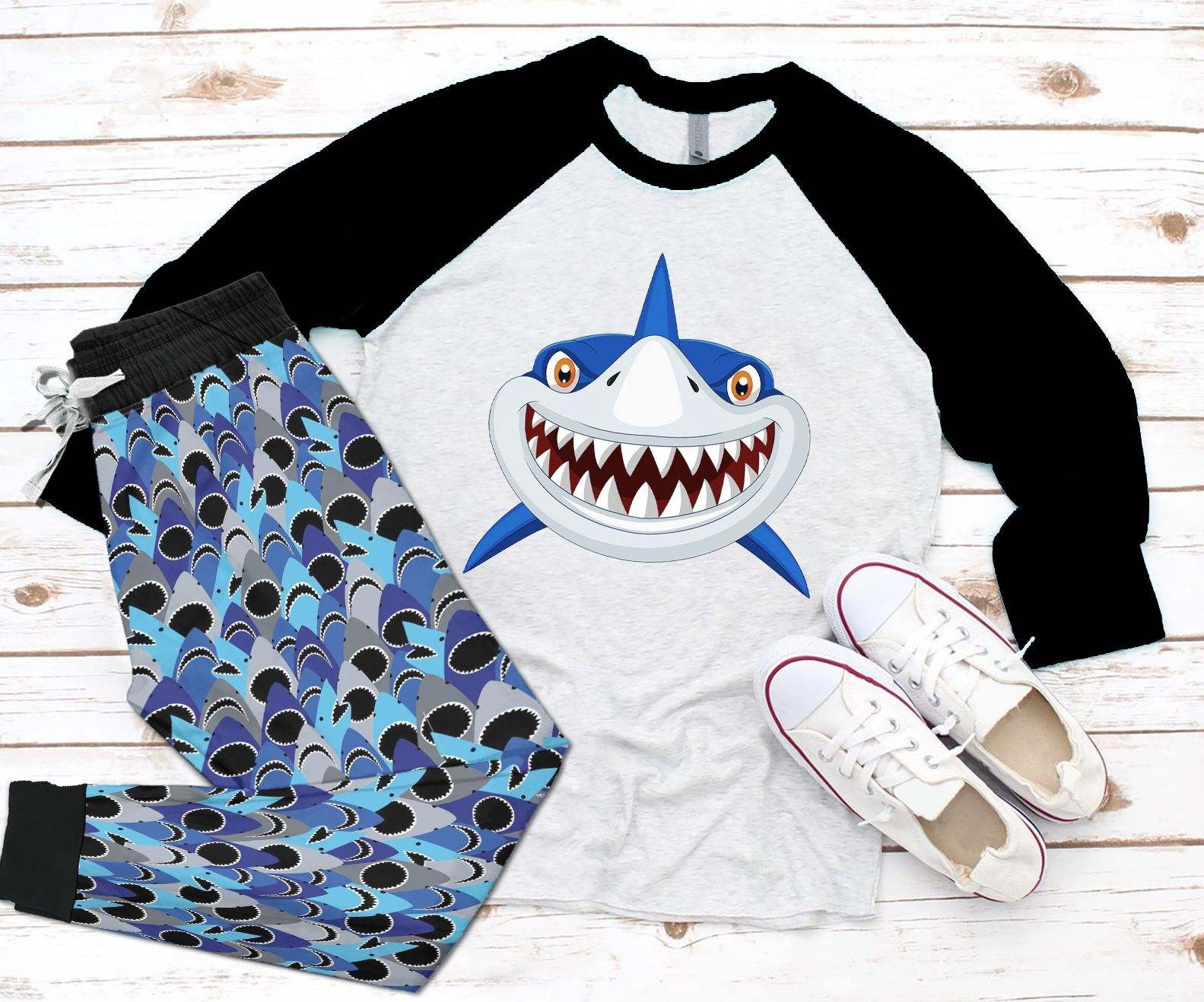 Awesome Shark DHC05011946TH Adult Raglan Shirt And Pajamas Pant Set Pjs Sleepwear For Women