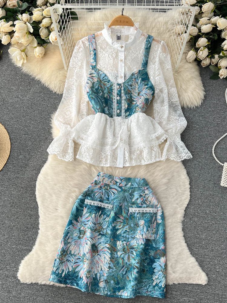 2023 Spring Summer Sweet 3 Pieces Set Women Embroidery Lace Shirt Top+Ruffles Flower Jacquard Vest+Pocket Mini Blue Skirt Suit alx