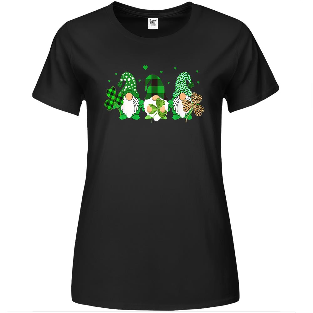 Three Gnomes Holding Shamrock Leopard Plaid St Patrick’S Day Premium Womens T Shirts