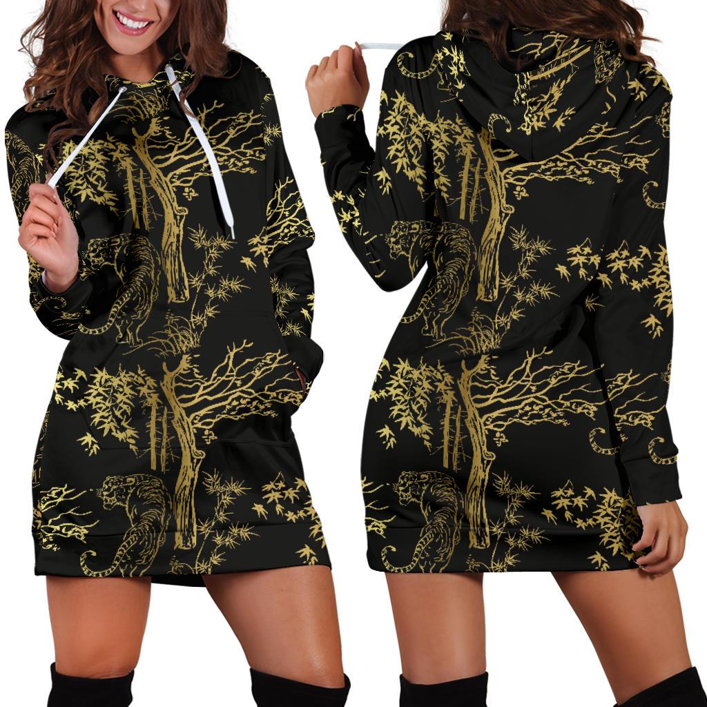 Bengal Tiger and Tree Pattern Women Hoodie Dress